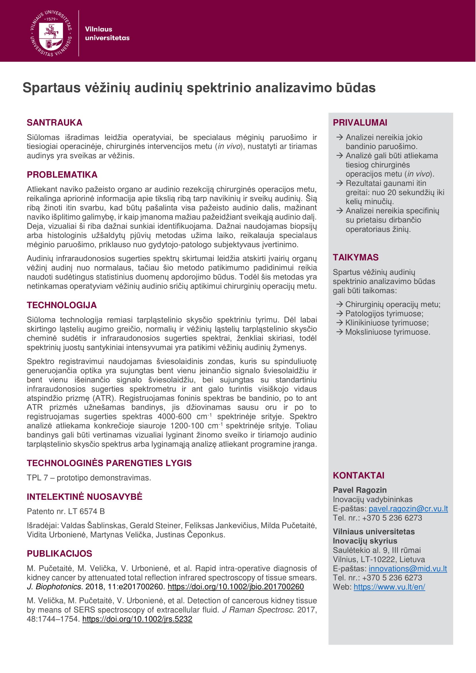 Vėžinių audinių spektrinio analizavimo būdas LT 1